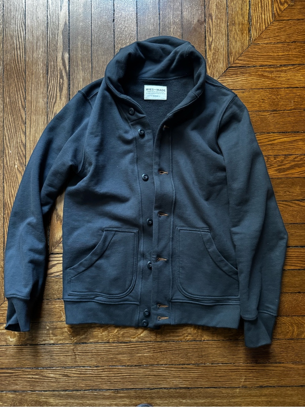 WEIS MADE Charcoal / Basalt Bodgega Button-Up Sweatshirt Cardigan Shawl Collar